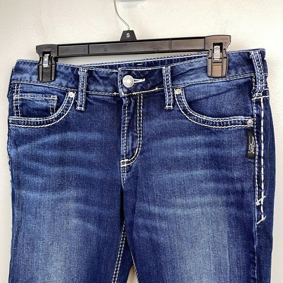 Silver Jeans Suki Bootcut Jeans Womens 27 Blue Mid Rise Distressed Raw Hem - Picture 2 of 11